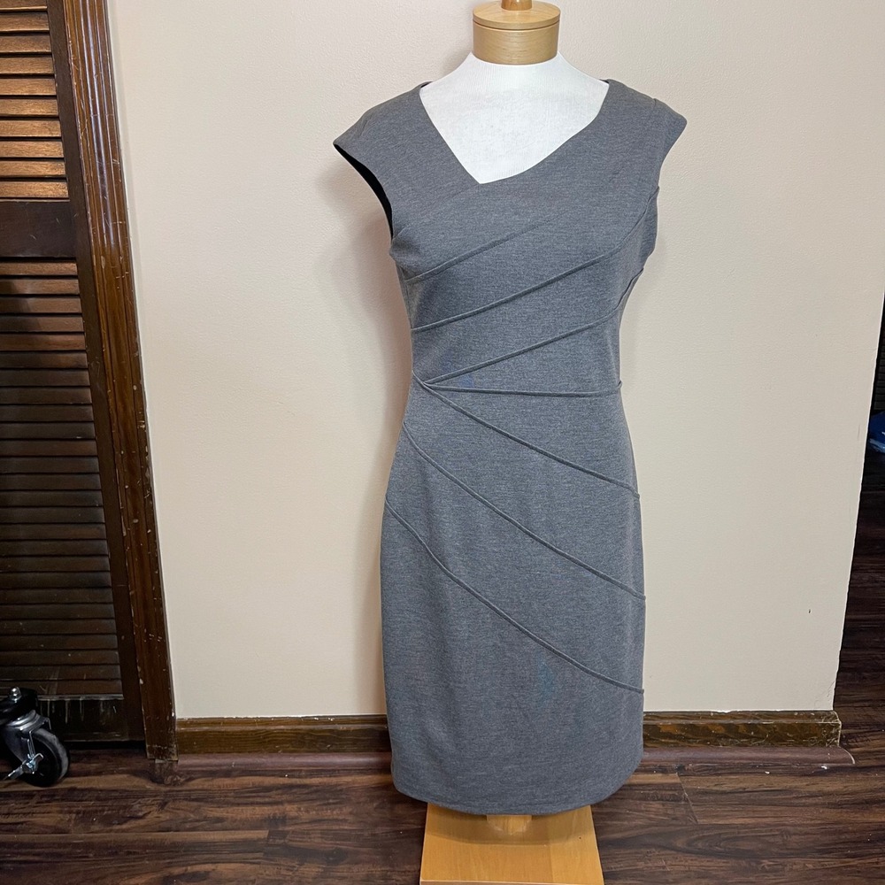 London Times Grey Asymmetrical Pintuck Sheath Dress Sleeveless Size 12 Business